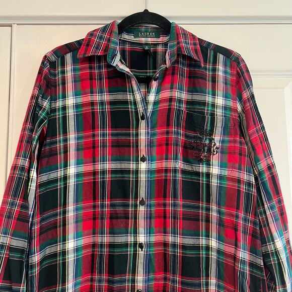Lauren Ralph Lauren Women's Long Button Down Flannel Red Green Size M - Picture 3 of 9
